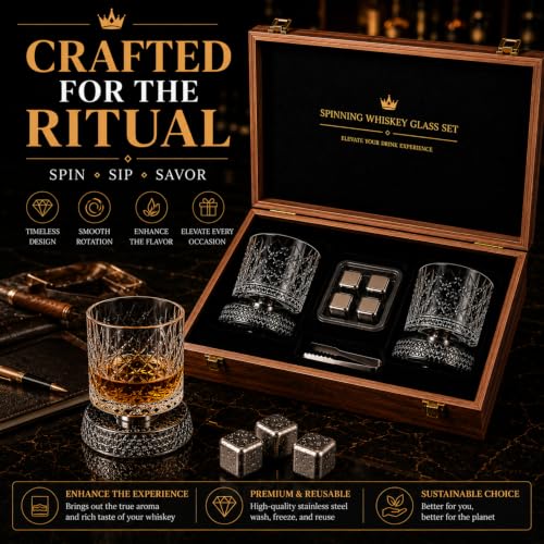 Clear Rotating Whiskey Glasses Set of 2 - 360° Crystal Bourbon Tumblers with Wooden Gift Box