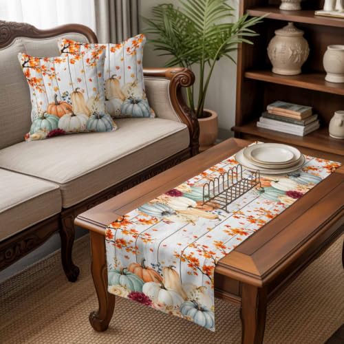 Fall Pumpkin and Maple Leaf Bed Runner Set with Matching Pillow Covers - Blue, Gray, Orange, White, 83x20 Inches