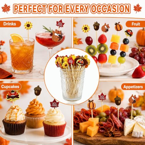 Fall Cocktail Picks Set - 100 Autumn-themed Skewers for Thanksgiving & Parties