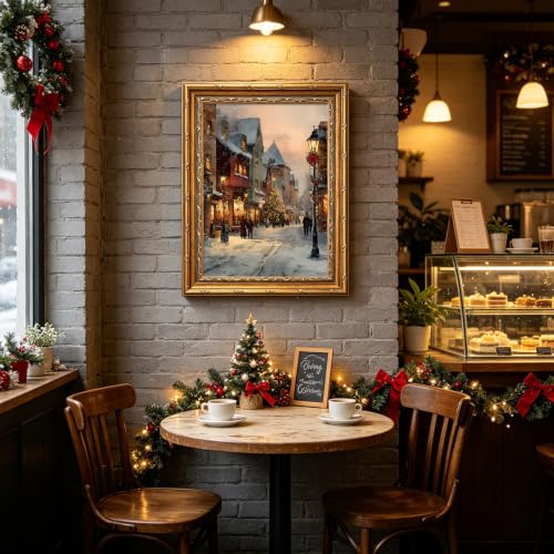Christmas Wall Art Winter Village Decor 12x16 Gold Framed - Christmas Town Art