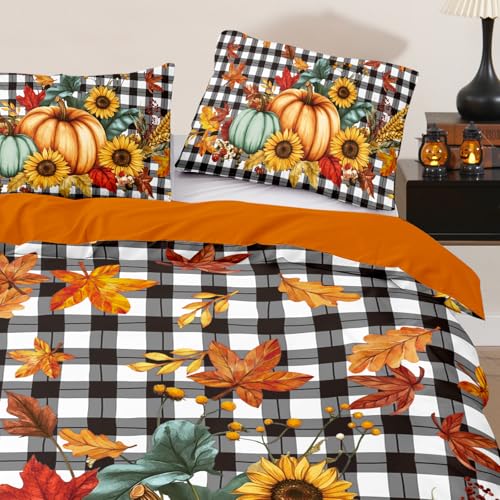 Halloween Duvet Cover Set King Size 3 Pieces - Pumpkin Sunflower Maple