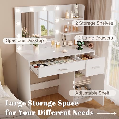 YesHom y 35.4" Vanity Desk with Mirror & Lights, USB-C/USB-A Ports, 2 Drawers & 1 Cabinet, Clean White