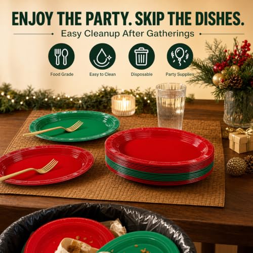 WELLIFE Red & Green Oval Plastic Plates 100 Pack - 12 Inch Disposable Christmas Dinnerware