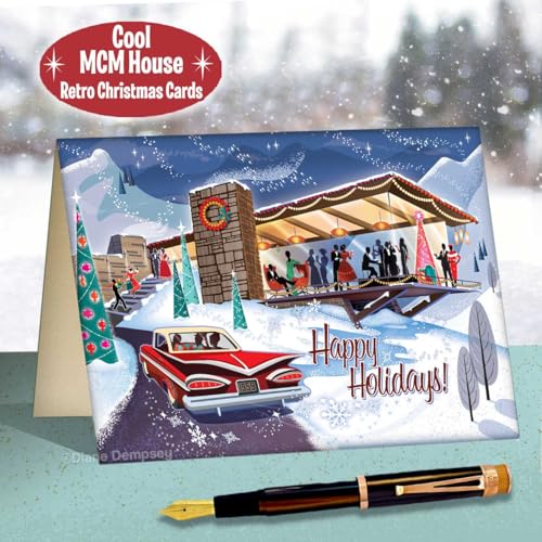Mid Century Modern House Christmas Cards - Set of 8 Holiday Greeting Cards