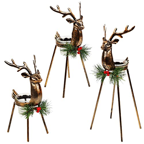 Reindeer Candle Holders Set of 3 - Christmas Tabletop Decor with Glass Votive Cups
