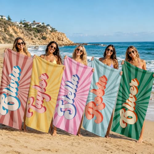 Personalized Beach Towel with Name - Retro Summer Vacation Style 02 - Microfiber, Quick Dry & Sand-Free - Custom Kids & Adults Beach Gift