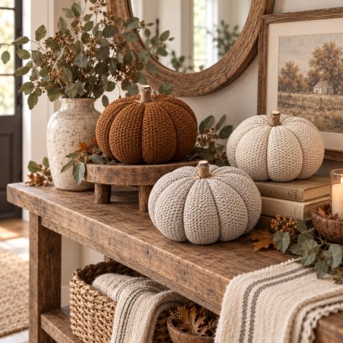 Chenille Pumpkins Set of 3 Large Handmade Fall Decor - Rustic Thanksgiving