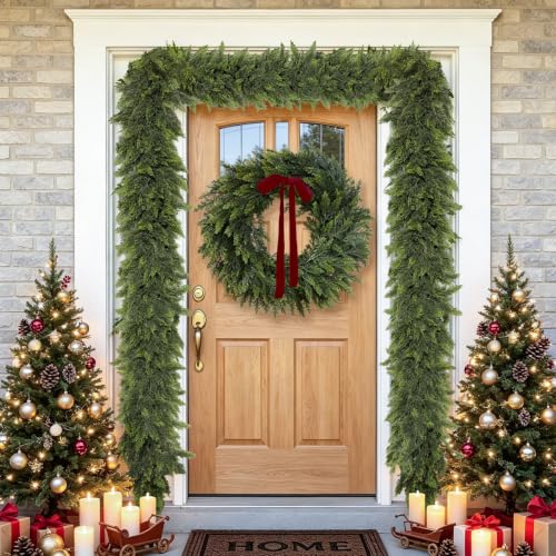 9Ft Real Touch Cedar Garland with Lights - Green, Indoor Outdoor Decor