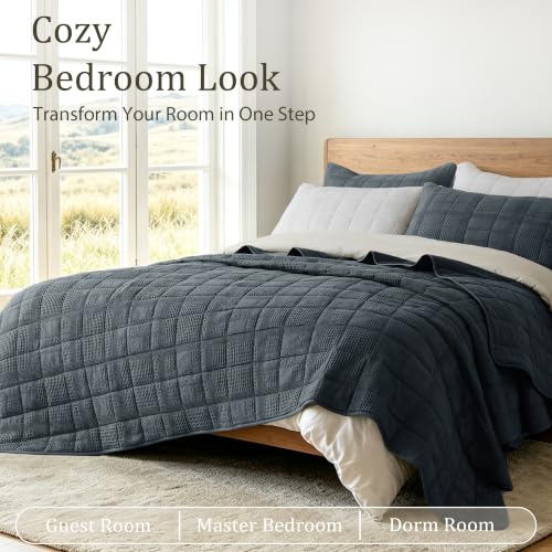 Oversized King Cotton Quilt Set Blue-Gray 120x120 with Pillow Shams - Fluffy Slumbers