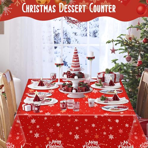 Christmas Tablecloths 3 Pack - Red Festive Plastic Covers with Santa & Snowflakes