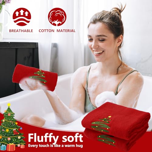Christmas Hand Towels Set - Embroidered Red Green Xmas Tree Cotton Dish Towels, 29.5 x 13.7 Inch