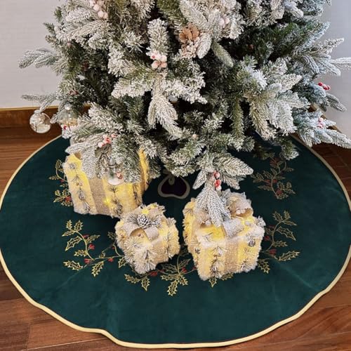 Dark Green Velvet Christmas Tree Skirt 48 Inch with Holly Embroidery - Holiday Decor