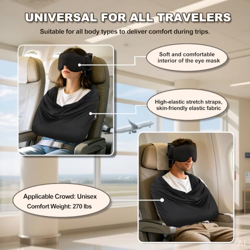Black Airplane Sleep System with Eye Mask & Blanket - Long Flight Travel Essential