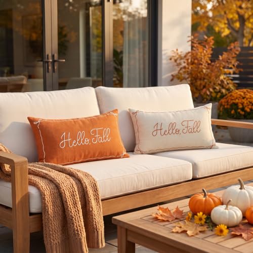 Embroidered Fall Pillow Cover 12x20 Beige - Farmhouse Thanksgiving Decor