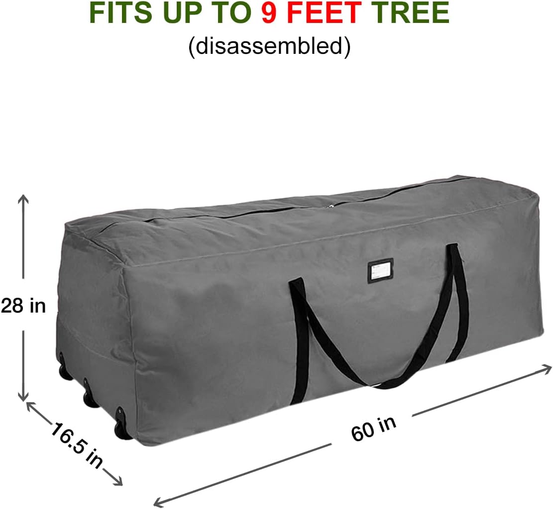 ProPik Christmas Rolling Tree Storage Bag - Extra Large Heavy Duty Container for 9 Ft Trees | 28" x 16.5" x 60" | 3 Wheels & Handles (Gray)