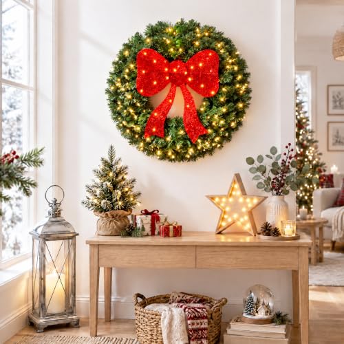 Large Artificial Christmas Wreath 30 Inch with 130 LED Lights and Red Bow - Indoor Outdoor Holiday Decor