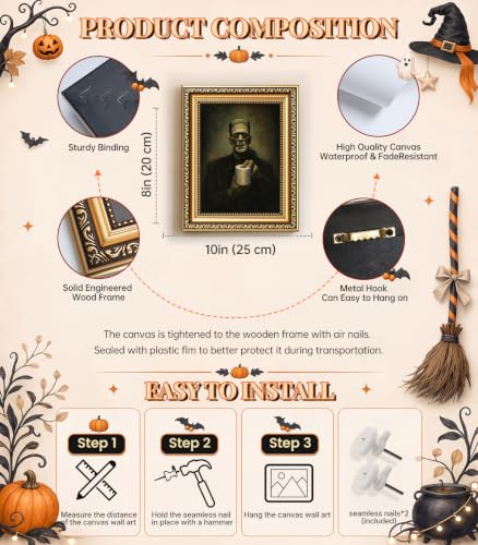 Halloween Vintage Gold Frame Wall Art - Frankenstein Holding Toilet Paper Variation