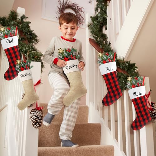Christmas Burlap Stockings Hanging Set - Light Brown, Red & Black, 12 Pack