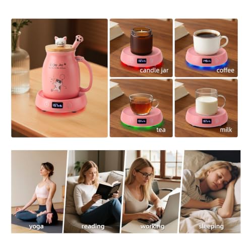 Pink Cat Mug Warmer Set with 16oz Ceramic Cup - Electric Desk Heater