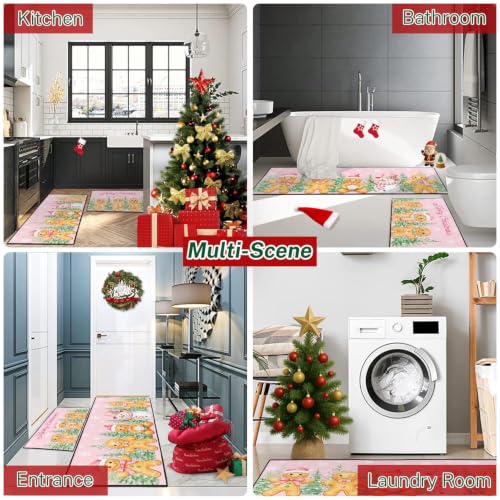 Christmas Gingerbread Kitchen Rugs Set of 2 Non Slip Washable Holiday Mats - Arttown
