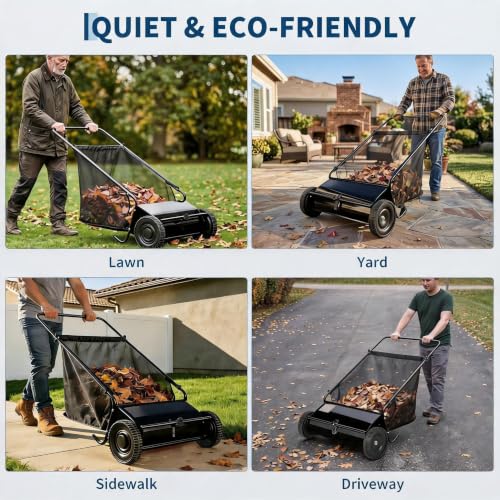 26-Inch Push Lawn Sweeper Leaf & Grass Collector Black with Stepless Height Adjustment