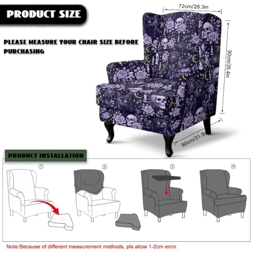 Halloween Skull Floral Wingback Chair Cover Set - 2 Piece Slipcover for Furniture Protection & Decor