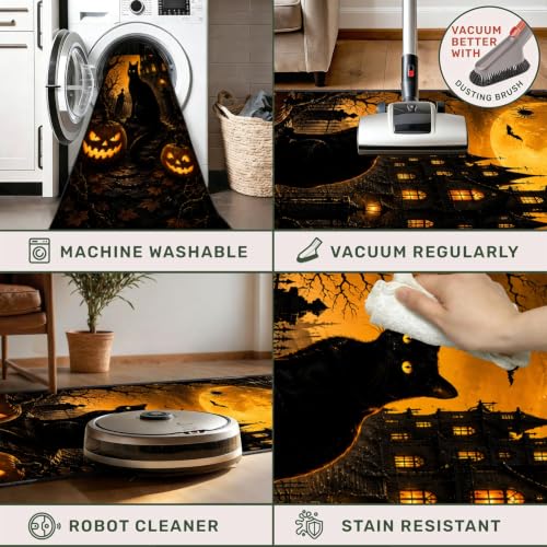 Halloween Pumpkin Black Cat Runner Rug 3D Non-Slip 2x6ft Pattern-1