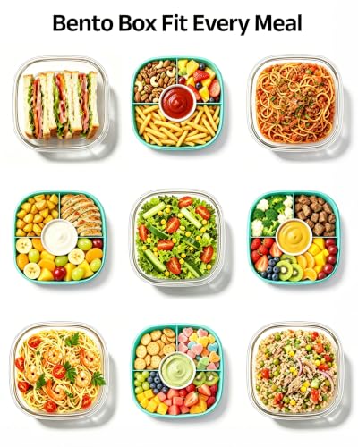 BiuLeon Green Glass Salad Container 56oz with Airtight Lid & 4-Compartment Tray