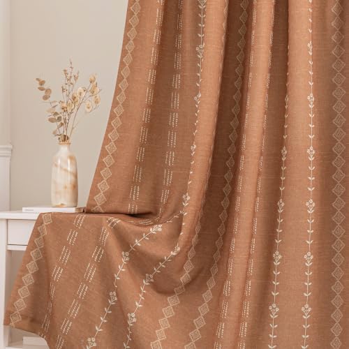 Terracotta Boho Blackout Curtains Set - 50W x 84L, 2 Panels, Vintage Floral Farmhouse Style, Linen Cotton Blend, Autumn Rust Orange Pattern, Autumn Drapes