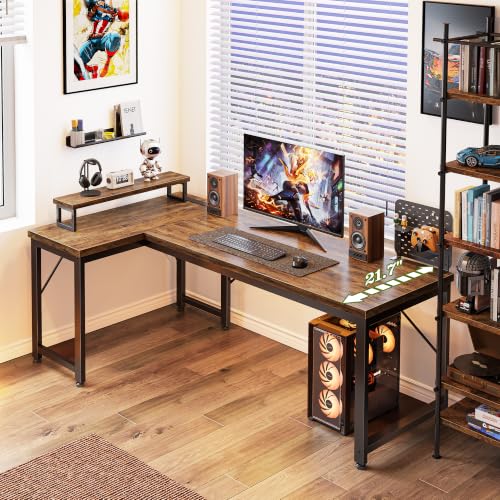 PRAISUN 53-Inch L Shaped Computer Desk with Outlets & Monitor Stand - Rustic Brown