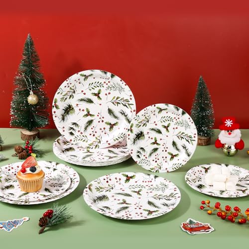 Christmas Paper Plates Holly Berries Disposable Party Plates Set of 48