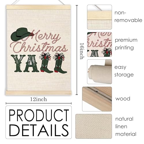 Western Christmas Wall Decor - Merry Christmas Y'all Cowboy Boots Wall Art with Wooden Poster Hanger - 12x16 Inches - Variation of 15-wall art-Christmas second