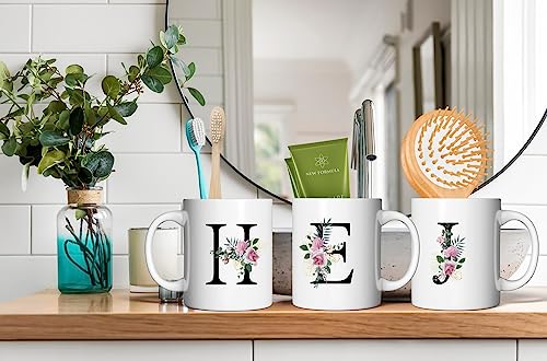 Initial R Floral Botanical Mug - White 11 Oz Ceramic Coffee Tea Cup with Variation