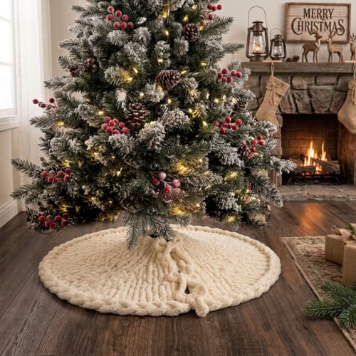 36 Inch Christmas Tree Skirt - Off-White Chunky Knit Handmade Decor