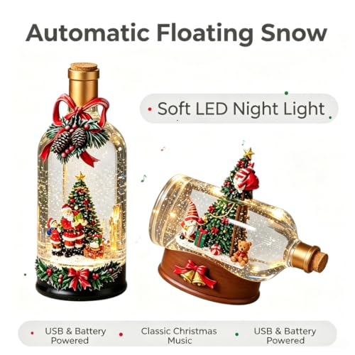 Christmas Snow Globe Bottle Lantern Musical Decor - Santa & Gnome Variation A