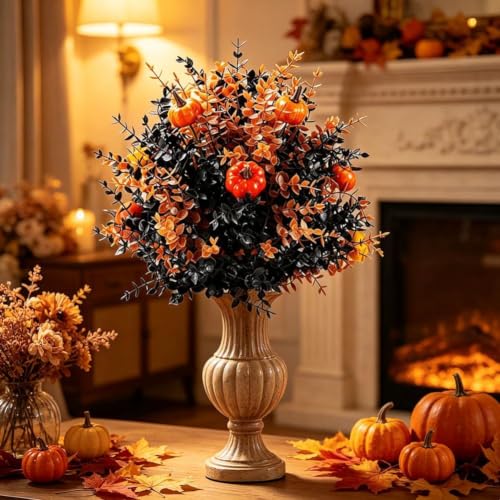 Halloween Solar Flower-Shaped Garden Stakes with Pumpkins & Eucalyptus Leaves