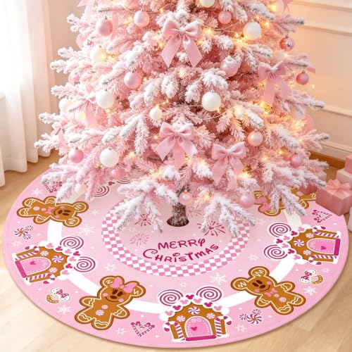 Pink Gingerbread Christmas Tree Skirt 48 Inch Holiday Decor for 6-7.5FT Tree