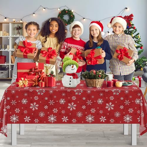 Red Snowflake Christmas Tablecloths - Pack of 3, 54 x 108 Inches, Disposable Holiday Decor