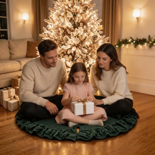 48 Inch Green Knitted Christmas Tree Skirt with Ruffled Edges - Holiday Decor