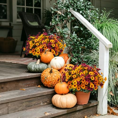 Artificial Fall Mums Flowers - 9 Bundles in Orange, Red, Yellow, Brown - Outdoor Decor