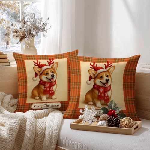 Christmas Corgi Throw Pillow Covers Set of 2 - 18x18 Inch, Reindeer & Plaid Design - Variation of Christmas Corgi#02