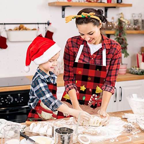 Christmas 4pcs Kitchen Aprons Set - Red Plaid Adjustable Cooking & Baking