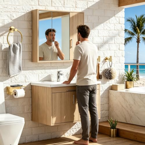 Brushed Gold Bathroom Hardware Set - Stainless Steel Wall Mount Kit with Towel Bar & Hooks