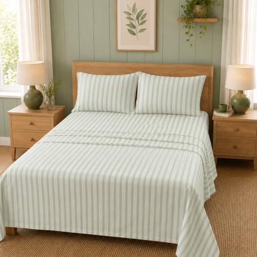 Ivellow Sage Green Striped King Bed Sheets - 4pc Ticking Bedding Set