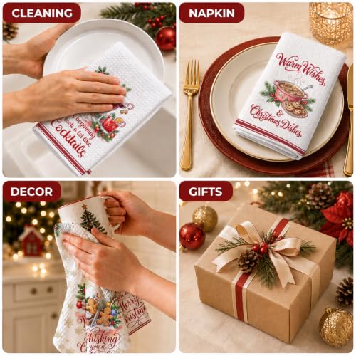 Christmas Kitchen Towels 4 Pack - Multi 1664 Waffle Microfiber Hand Towels