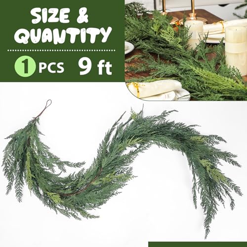 Jutom 9 ft Artificial Cedar Garland - Realistic Christmas Holiday Decor