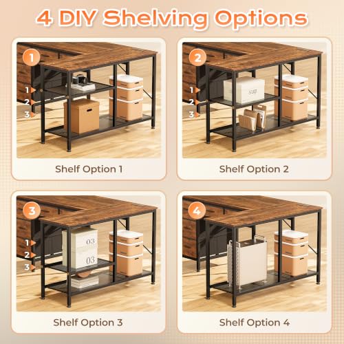 PRAISUN 47-Inch Rustic Brown L-Shaped Desk with Power Outlets & Fabric Drawers