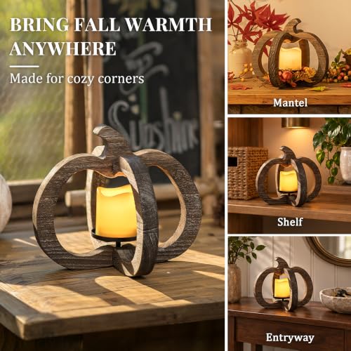 Wood Pumpkin Lantern Decor with LED Candle - Fall Table Centerpiece
