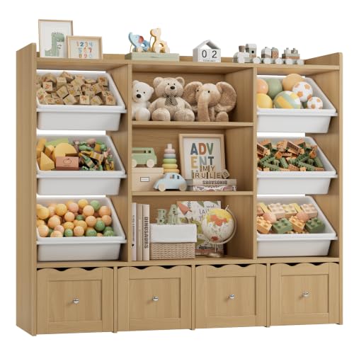 Kids Toy Storage Organizer with 10 Bins & Bookshelf - Natural
