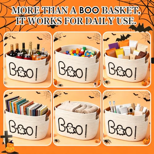 Halloween Ghost Woven Rope Basket with Handles - Spooky Decorative Storage Bin